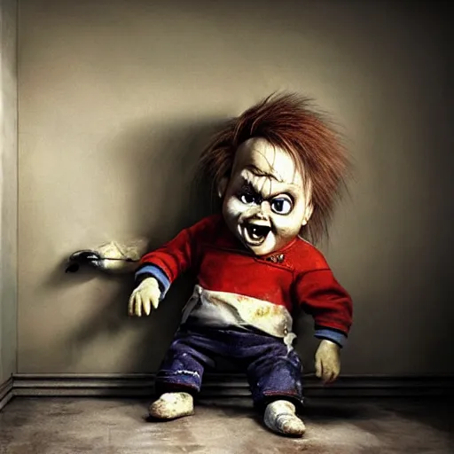 Image similar to painting of chucky by michal karcz