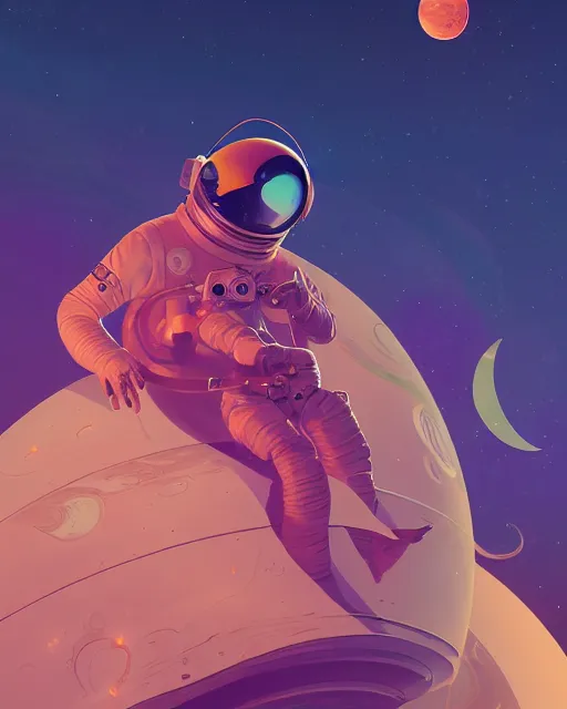 Image similar to wide shoot portrait of ethereal cosmonaut lie relaxed on a crescent moon between the stars and the planets in outer space, cosmonaut post grunge concept art,high detail,4k, trending on artstation by josan gonzalez, wlop and tyler edlin