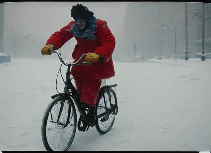 Image similar to A very high resolution image from a new movie, a clown riding a bike in a blizzard in New York City, Polaroid, directed by Steven Spielberg