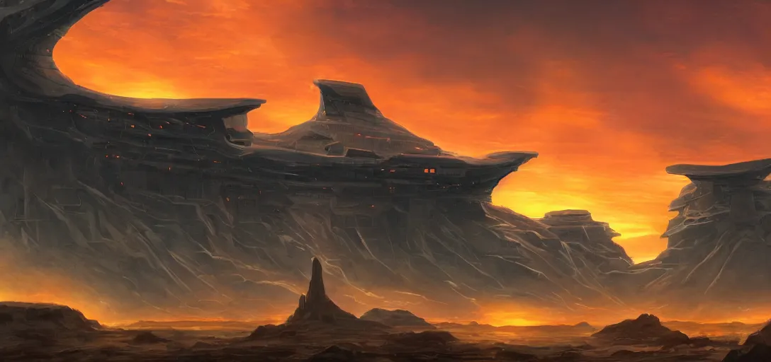 Prompt: an ancient alien civilization with large scifi structures, an orange dramatic sky, warm cool color scheme, cinematic quality, no blur, sharp focus, highly detailed