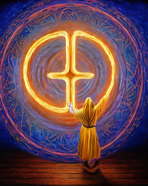 Prompt: oil painting of mage reciting an incantation and standing on glowing circular runes in the middle of dark room, high production value, intricate details, high resolution, hyperrealistic, hdr, high definition, masterpiece, ultra realistic, highly detailed, hd, sharp focus, non blurry, sharp, smooth