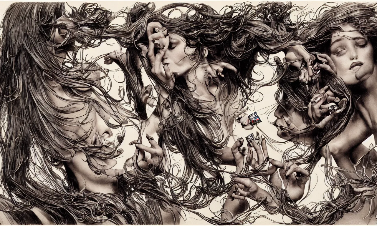 Image similar to fragrance advertising campaign by bernie wrightson, highly detailed