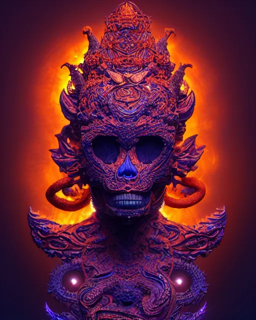 Image similar to 3 d ornate carved dark cosmic goddess with profile portrait, sigma 5 0 0 mm f / 5. beautiful intricate highly detailed quetzalcoatl skull. bioluminescent, plasma, lava, ice, water, wind, creature, thunderstorm! artwork by tooth wu and wlop and beeple and greg rutkowski, 8 k trending on artstation