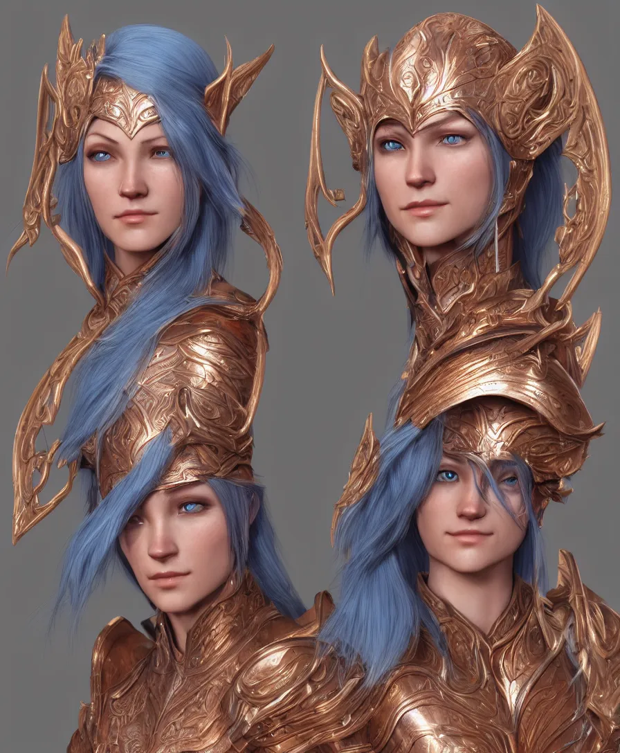 Prompt: a beautiful and highly detailed digital portrait of a dignified female elven paladin with blue hair in rose gold armor by clint cearley and karol bak, centered, artsation contest winner, artstation hd, cgsociety, fantasy art, cryengine, concept art, photorealism, daz 3 d, sketchfab, zbrush, vray