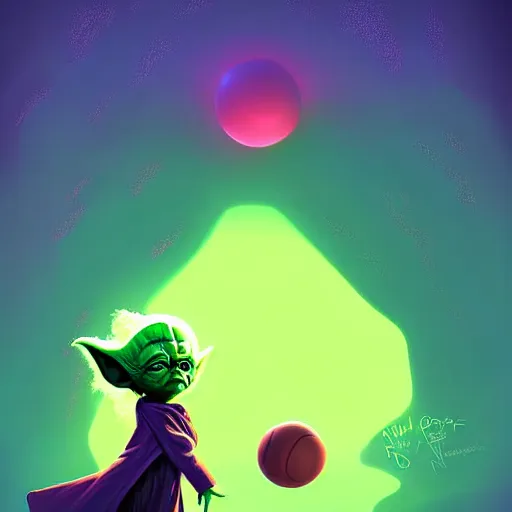 Image similar to curled perspective digital art of curly brown hair baby girl playing ball with yoda by anton fadeev from nightmare before christmas