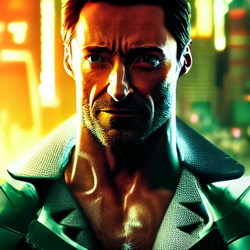 Prompt: hugh jackman portrait, cyberpunk 2 0 7 7, photorealistic, ultra detailed, neon, octane rendered, bokeh, cinematic lighting, cyber, cyberpunk city, studio quality, feature, scars, cyberface, 8 k