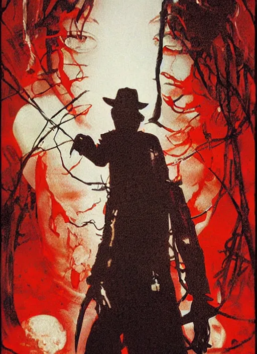 Prompt: a nightmare on elm street movie poster art by yumihiko amano