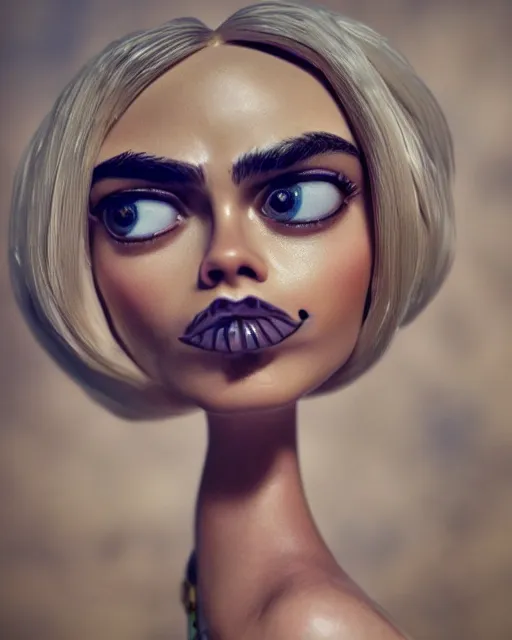 Image similar to closeup face profile portrait of cara delevingne as a tin toy fbi agent, bikini, depth of field, zeiss lens, detailed and intricate environment, fashion photoshoot by nicoletta ceccoli, mark ryden, lostfish, breathtaking, 8 k resolution, artistic, hyperrealistic, octane render