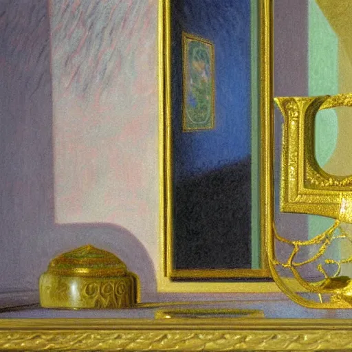 Image similar to still life painting of a room with a balcony and a marbled pedestal displaying an ancient holy artifact, centered in frame and shaped like signet ring, chromed and ornate with gentle iridescent shine from within. perspective from the side. realistic light and shadows. moody fantasy art, still life renaissance pastel painting. by monet