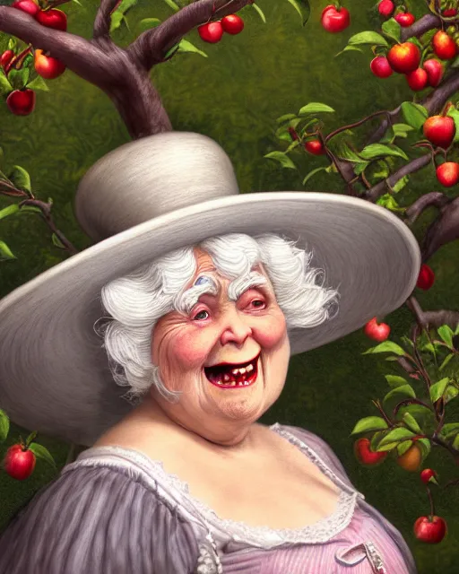 Prompt: highly detailed closeup, fat shiny ceramic white hair old happy woman dressed in victorian hat, clothes looking forward, full face view in front of an apple tree, hyperrealistic, artstation, illustration, nicoletta ceccoli, mark ryden, lostfish, dan decarlo, bob clampett, max fleischer, matte paint, vivid colors