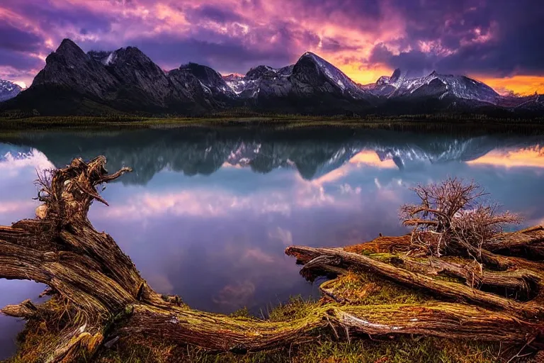 Image similar to beautiful landscape of mountains with lake and a dead tree in the foreground by Marc Adamus, sunset, dramatic sky