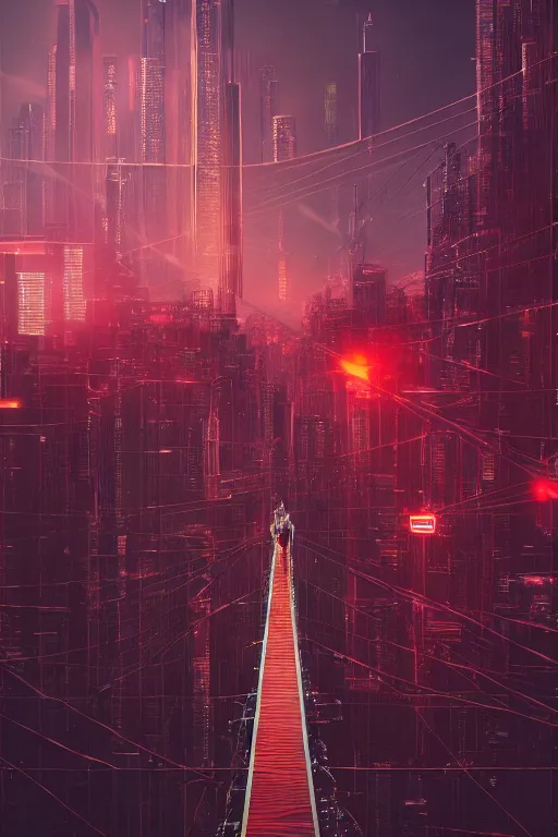 Image similar to a man standing on top of a bridge over a city, cyberpunk art by vincent lefevre, behance contest winner, altermodern, cityscape, synthwave, matte painting