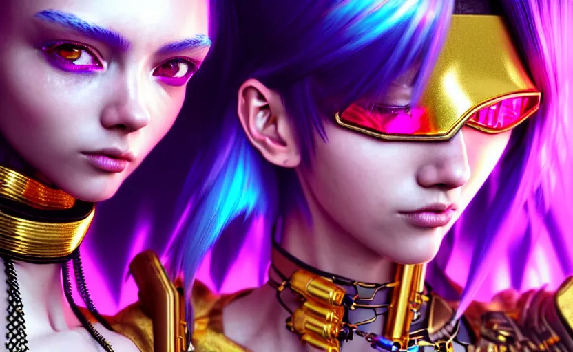 Prompt: hyperdetailed portrait of a stunningly beautiful cyberpunk cutie european girl with short dark hair guard made of iridescent metals and shiny pink gems, bright rainbow nimbus, gold necklace, gold background inspired by ross tran and masamune shirow and kuvshinov, intricate, photorealistic, octane render, rtx, hdr, unreal engine, dnd digital art by artgerm