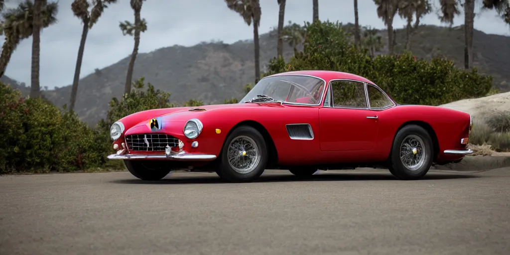 Image similar to photograph, 1958 FERRARI 250 GT, bronze paint, by Peter Singhof, press release, cinematic, pacific coast highway, 8k, depth of field, bokeh. rule of thirds