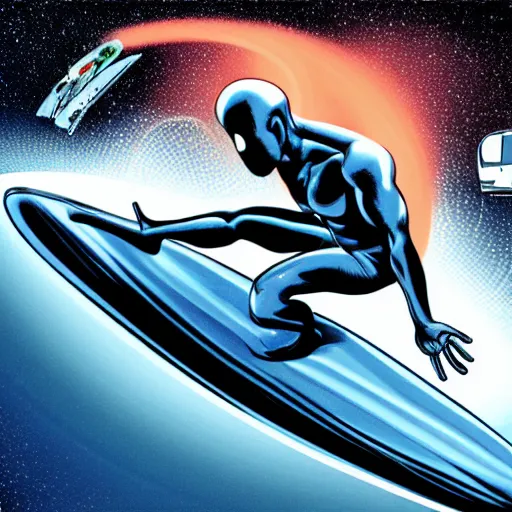 Image similar to silver surfer surfing on top of a car in space, heavy motion blur, steve ditko, 4k