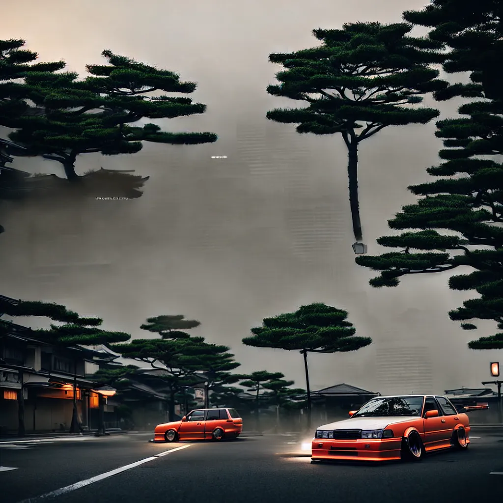 Image similar to car in center JZX100 twin turbo drift on a road, surrounded by trees and buidlings in Tokyo prefecture, rooftops are Japanese architecture, city at sunset heavy mist over streetlights, cinematic lighting, photorealistic, detailed wheels, highly detailed