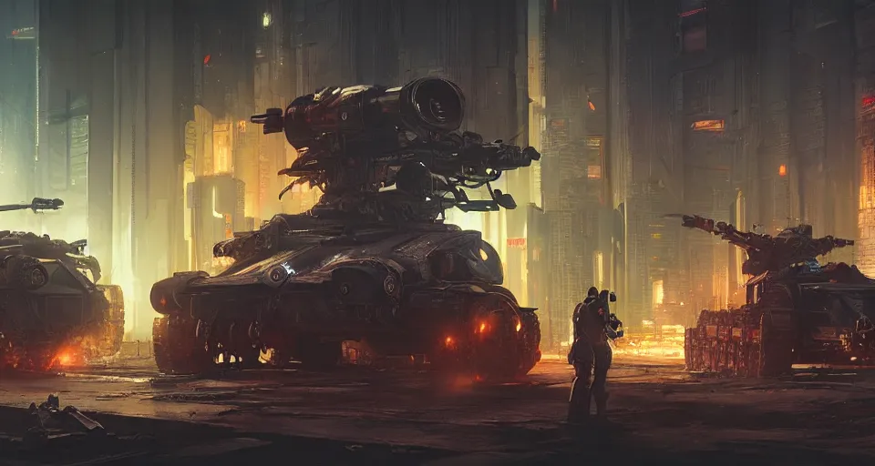 Prompt: full shot portrait of medieval - cyberpunk - battletank with giant laserturret and wheels fireing the laser harp, cyberpunk 2 0 8 8, szene of cyberpunk gothic city background, elegant, digital illustration, detailed, intricate, sharp focus, digital painting, deep focus, artstation, matte, art by artgerm and greg rutkowski and alphonse mucha