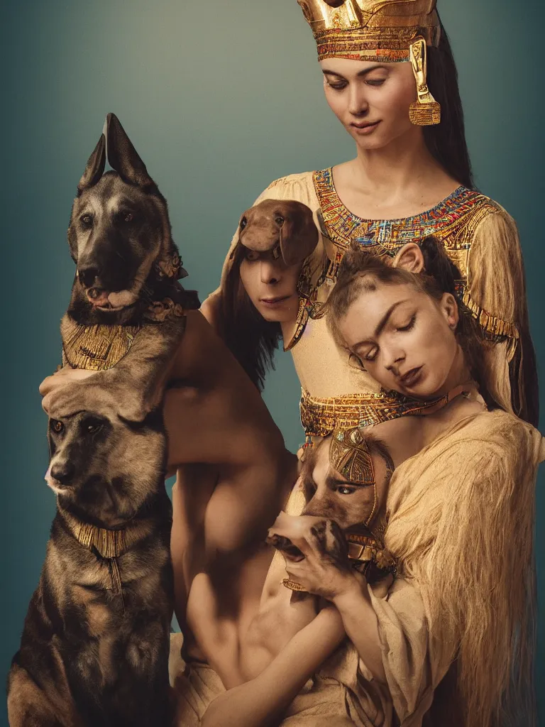 Image similar to photorealistic portrait of a beautiful female ancient Egyptian goddess holding Anubis the dog in her arms, photography by Alessio Albi, 50mm f1.4, bokeh, kodak ektar, rendered in octane