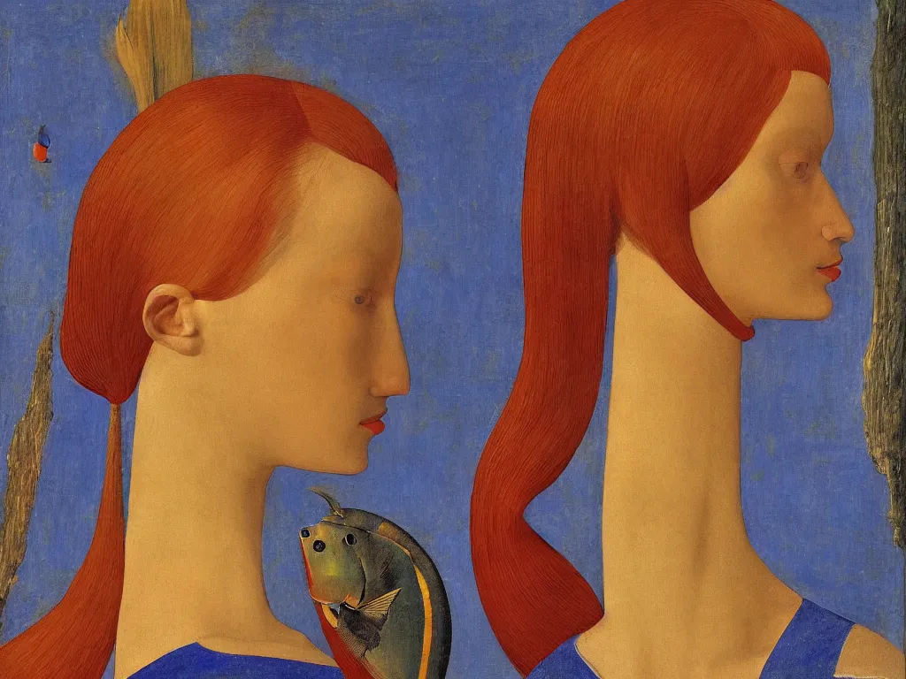 Image similar to portrait of a woman head with exotic red serit fish. lapis lazuli, gold. painting by piero della francesca, balthus, agnes pelton