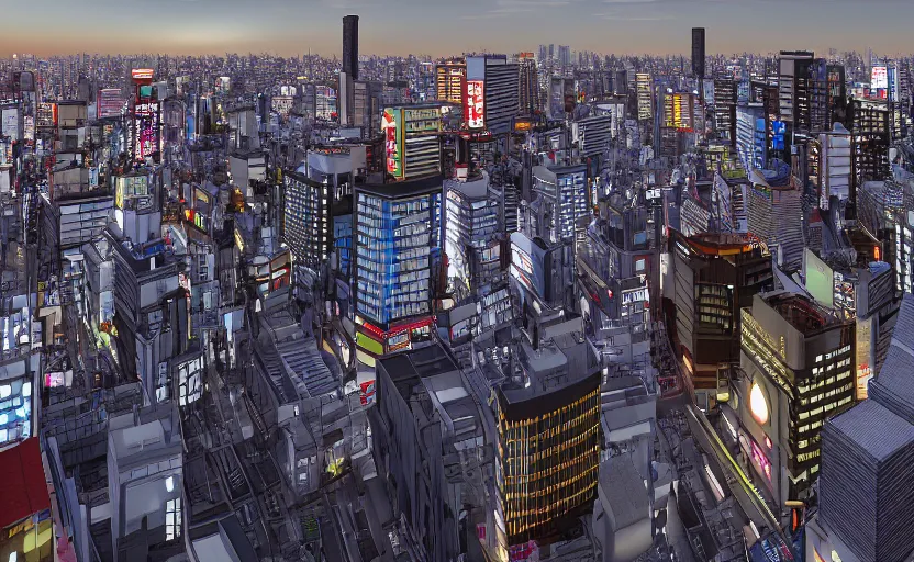 Image similar to 3 d render of tokyo city from a rooftop view, sunset lighting, unreal engine, hyper realism, realistic shading, cinematic composition, blender render, octane render, hdr, detailed textures, photorealistic, ultrawide shot, 1 6 mm lens