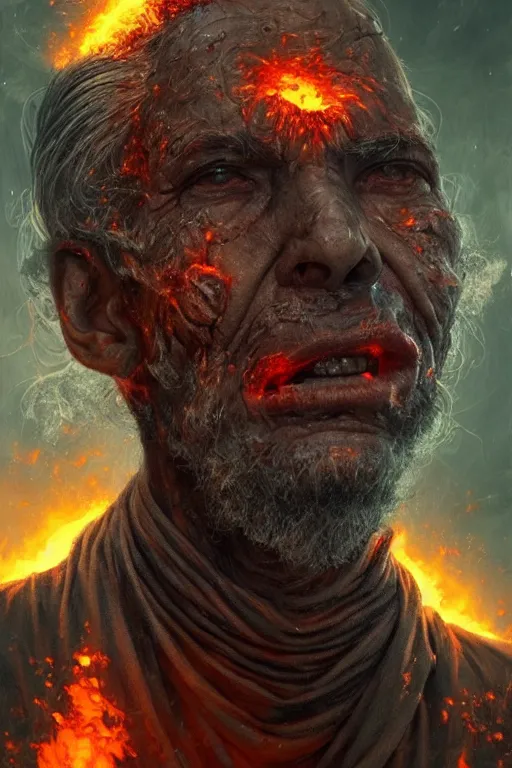 Image similar to the look of an elderly person, necromancer, witch - doctor covered with lava exploding into fire crystals, full of wrinkles and imperfections by artgem and greg rutkowski, highly detailed, high contrast, light reflection, trippy, nebula, trending on artstation