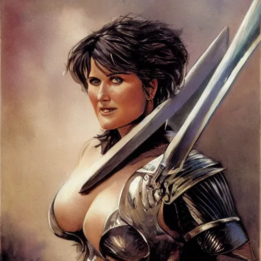 Prompt: portrait of lucy lawless wearing armor and holding sword by frank fazetta, fantasy, barbarian