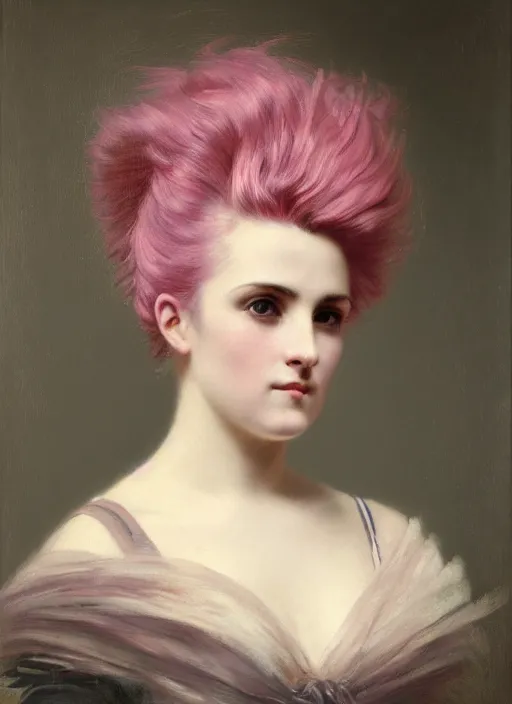 Prompt: a detailed portrait of woman with a mohawk by edouard bisson, year 1 8 8 0, pink hair, punk rock, looking at the camera, oil painting, muted colours, soft lighting
