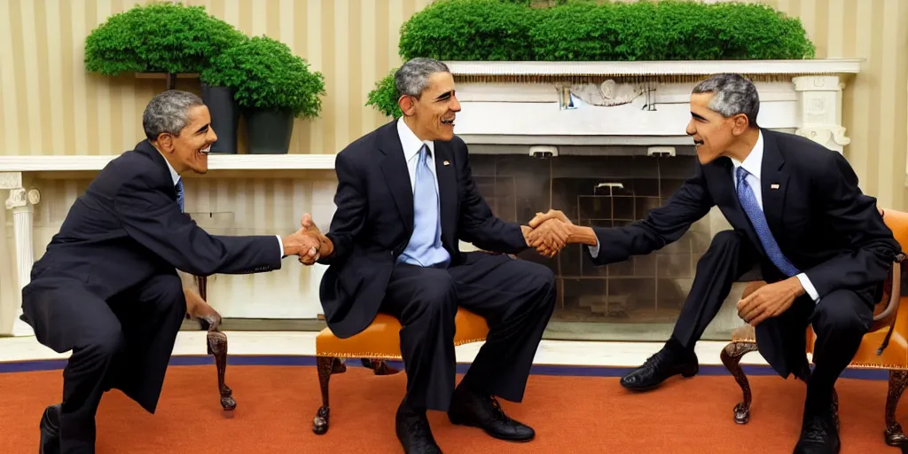 Image similar to A photo of a handshake between barrack obama and shrek inside the white house