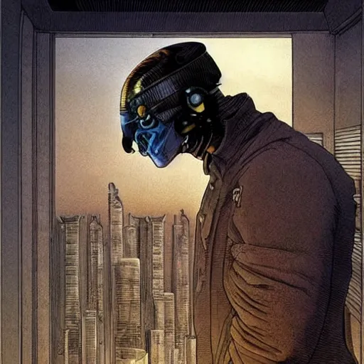 Prompt: Digital portrait of a scientist by Enki bilal and Moebius and francois Schuiten, cyberpunk, impressive perspective, aesthetic, masterpiece