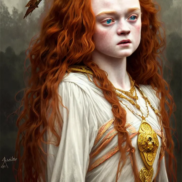 Image similar to ancient queen sadie sink, symetrical, diffuse lighting, fantasy, intricate, elegant, highly detailed, lifelike, photorealistic, digital painting, artstation, illustration, concept art, 4 k, smooth, sharp focus, art by john collier and albert aublet and krenz cushart and artem demura and alphonse mucha