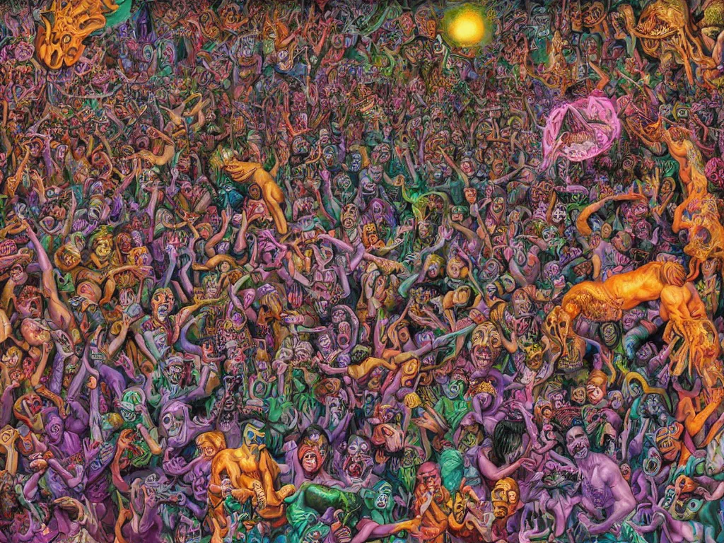 Image similar to digital painting rave party in hell by Chor Boogie, intricate details, ultra detailed, 4K, award-winning, touch of M. C. Escher and Salvador Dali