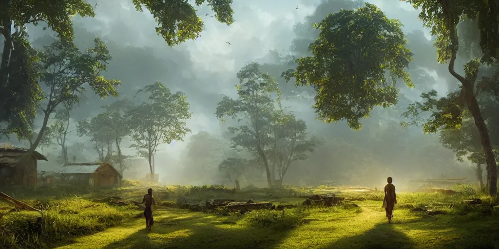 Prompt: kerala village countryside, beautiful dynamic lighting, cinematic, wide angle establishing shot, extremely high detail, photo realistic, cinematic lighting, post processed, concept art, artstation, matte painting, style by eddie mendoza, raphael lacoste, alex ross, volumetric lighting, light rays, photorealistic, ultrarealistic, moody, coronarender, 8k