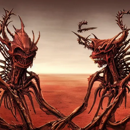 Image similar to conjoined demon twins sitting in a desert holding knives by Yoshitaka Amano, by HR Giger, biomechanical, 4k, hyper detailed, hyperrealism, anime, a Broken World demons flying overhead, red sky, deviantart, artstation