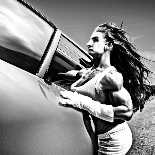 Image similar to car, bodybuilder, woman, holding, road, photo, digital art, hands, underbody, tire