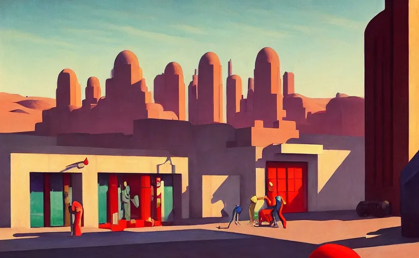 Image similar to Sowers and farmers in a Martian city built in 1930, very coherent, painted by Edward Hopper, painted by James Gilleard, airbrush, art by JamesJean