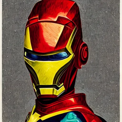 Image similar to portrait of iron man, mash - up between mc escher and vincent van gogh