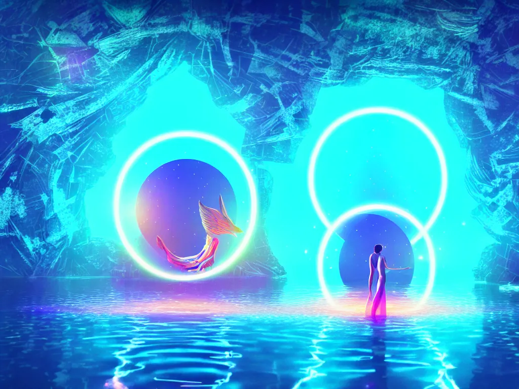 Image similar to beautiful artdeco digital illustration of one beautiful magical gleaming holographic portal to another world, in a lake, opening under the water, magical, ethereal, sci - fi, art, 8 k render octane high definition