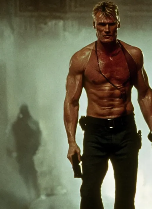 Image similar to film still of Dolph Lundgren as John McClane in Die Hard, 4k