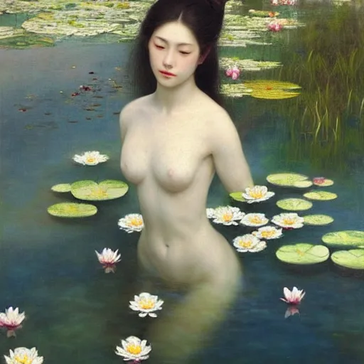 Image similar to a painting of a woman with greek white clothes floating in a pond of water lillies, a fine art painting, by liu jun, cgsociety, deviantart, pre - raphaelitism, figurative art, magical realism, detailed painting, made of flowers