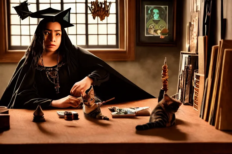 Prompt: 2 0 2 2 photo, close up portrait, dramatic lighting, concentration, calm confident hispanic teen witch and her cat, tarot cards displayed on the table in front of her, sage smoke, magic wand, a witch hat and cape, apothecary shelves in the background, still from harry potter, alphonse mucha