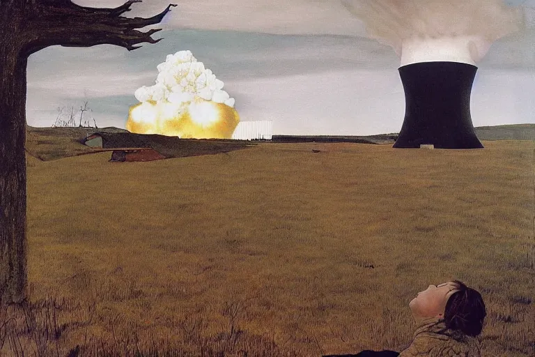 Image similar to painting Christina's World by Andrew Wyeth and nuclear explosion in the background,