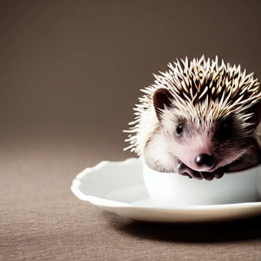Prompt: baby hedgehog sitting in a teacup, photography, minimalistic, 8 k