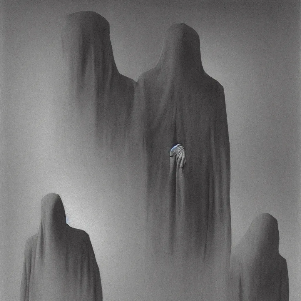 Image similar to Man in a business suit with a bag covering his head, by Zdzisław Beksiński