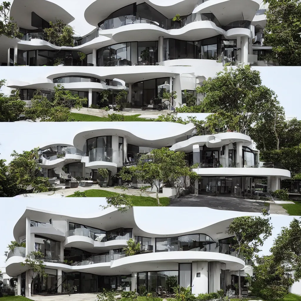 Image similar to “ a two story modern house with curve tectonic balconies designed by famous architects online lab of architecture, house sold for 4 million dollars ”