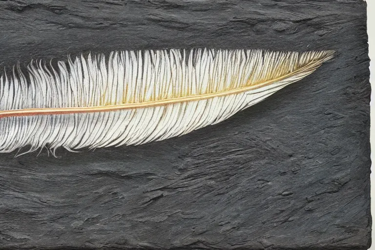 Image similar to 'The color of a River Feather' Mixed Media on Slate, private collection, masterpiece