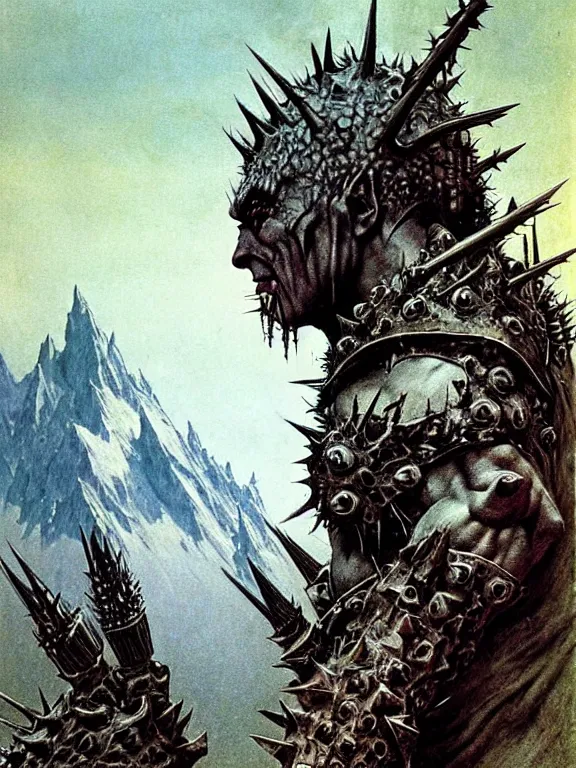 Image similar to A powerful large orc with pale skin covered in scars stands near the mountains, wearing spiky complex detailed armor without a helmet. Extremely high detail, realistic, fantasy art, scars, solo, masterpiece, saturated colors, art by Zdzisław Beksiński, Arthur Rackham