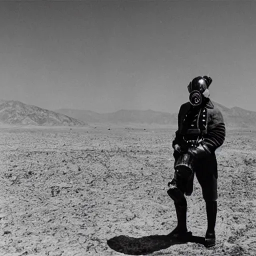 Image similar to an 1 8 0 0's admiral wearing a gasmask, in the desert, film still, arriflex 3 5