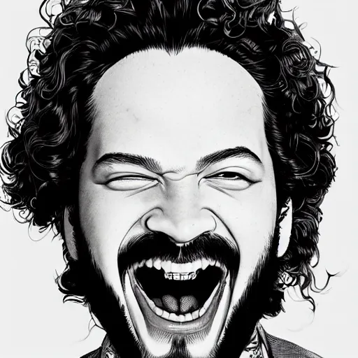 Image similar to portrait of post malone laughing, symmetrical, by yoichi hatakenaka, masamune shirow, josan gonzales and dan mumford, ayami kojima, takato yamamoto, barclay shaw, karol bak, yukito kishiro