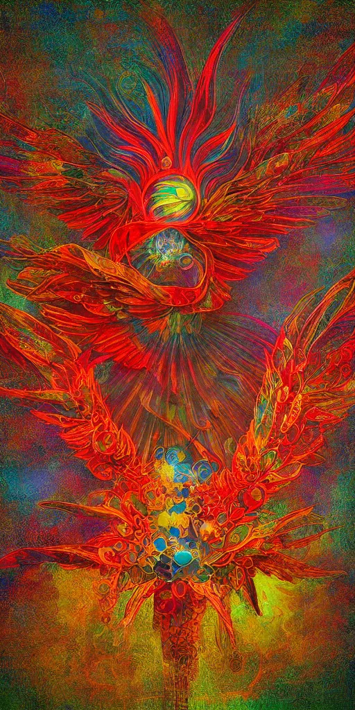 Image similar to the solarpunk phoenix, red bird, ornate egg, regeneration, landscape, epic composition, volumetric light, bokeh, inspired by monet and by alphonse mucha