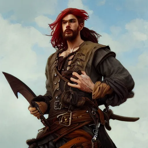 Image similar to portrait of a young rugged pirate, male, masculine, upper body, red hair, long hair, D&D, fantasy, intricate, elegant, highly detailed, digital painting, artstation, concept art, matte, sharp focus, illustration, art by Artgerm and Greg Rutkowski and Alphonse Mucha